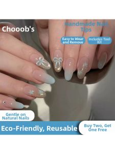 GANGHOU | French Design Bow Accented Blue Tone Detachable Medium Long False Nails