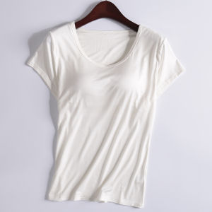 Womens Summer Sleepwear Top with Chest Pad Integrated Yoga Modal Short Sleeve One-Piece Home Clothes round Neck Casual Home Scene