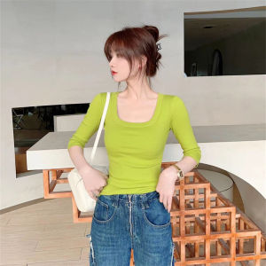 Justcc Womens Early Spring U-Neck T-Shirt Cotton Blend Slim Fit Five-Quarter Sleeve Base Shirt Trendy Commute Style Pure Color