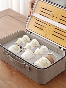 Portable Chinese Ceramic Tea Set for Travel Outdoor Camping Business Souvenirs with Quick Cup and Carry Case