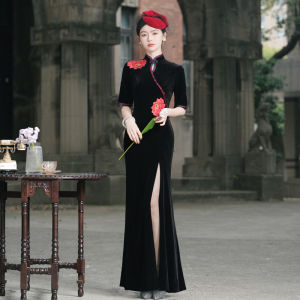 Elegant Long Velvet Qipao Dress with Water Drop Collar High Slit Young Stylish Chinese Style Traditional Cheongsam Evening Gown