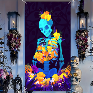 Floral Skeleton Door Banner Colorful Flower Skull Door Curtain for Halloween Day of the Dead Front Door Home Wall Decor