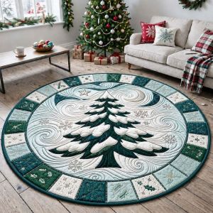 VIKAMA Vintage Patchwork Christmas Tree Round Rug Soft Non-Slip Living Room Rug Christmas Decorative Rug Home Decor