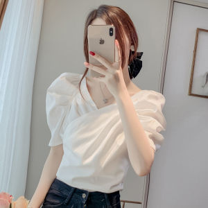 REHIN Summer New French Style Slim Fit Short Sleeve Shirt Tie V-Neck Design Trendy Womens top