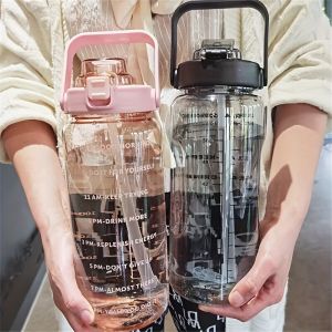 2L Motivational Water Bottle with Time Marker Straw Leakproof Large Capacity Sports Water Jug Portable Gym Fitness Water Bottle
