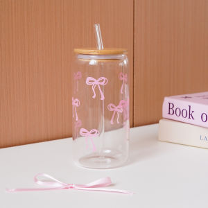 1/2/4/6Pcs Glass Bow Printed Glass Cup with Lid and Straw Exquisite High-End Bow Glass Cup for Home Decoration Family Daily Drinking Cup Outdoor Picnic Cup Party Cup Breakfast Milk Cup Gift Giving