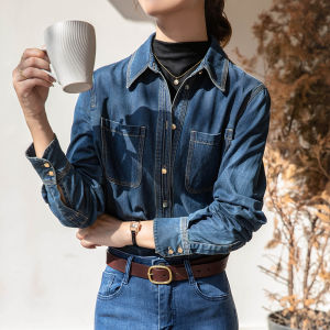 Retro Hong Kong Style Soft Denim Shirt Womens Inner Wear Autumn Winter Loose Casual Small Size Layered Top Cotton Polyester Blend