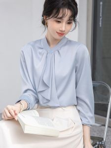 Professional Blue Long Sleeve Womens Shirt Spring New Style Commute Interview Ribbon Formal Top Korean Version Pure Color
