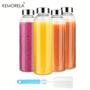 KEMORELA 3/4/6PCS Clear Glass Bottles with Lids 530ML Reusable Glass Water Bottles with Stainless Steel Cap for Juice Milk Tea