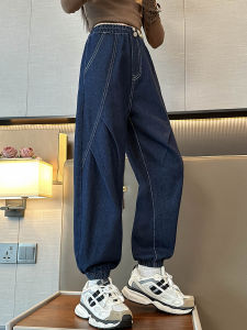 Girls Casual Trousers Spring Autumn Style Cuffed Denim Pants Fashionable Loose Fit Kids Clothing mid Waist Elastic Waistband