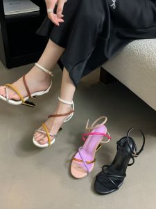 Fashionable High Heel Sandals Womens Summer New Model Show Off-White And Blue Straps Asymmetrical Heels Low Cut PU Leather