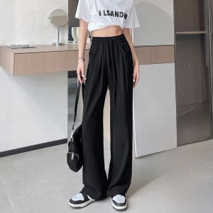 JIANGLU | New 2025 Womens Khaki High Waist Straight Leg Suit Pants Summer Casual Ice Silk Slim Fit Wide Leg Trousers Fashionable Long Pants