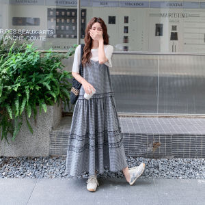 YINLUOYA | French Plaid Strap Dress Womens Trendy Summer 2025 Loose T-Shirt Two-Piece Set Round Neck Short Sleeve Casual Elegant Dress