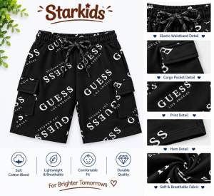 Starkids black shorts with GUESS print elastic waistband cargo pocket print hem soft breathable fabric.