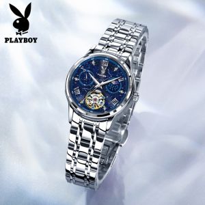PLAYBOY Watch For Women Waterproof Automatic Original Korean Style Elegant Sports With Box Stainless Steel Luminous Women Wrist Watches
