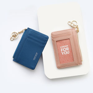 Mini Ultra-Thin Card Holder Womens Simple Fashion Wallet with Key Ring Coin Purse Soft Surface Zipper Closure Pure Color