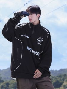 Racing Suit Sweatshirt Men Autumn American High Street Heavy Weight Teenagers Loose Motorcycle Clothing Half Zipper Pullover