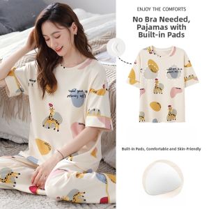 MiiOW | Pure Cotton Sleepwear Set With Chest Pad Women Loose Breathable Short Sleeve Long Pants Home Clothes Cute Sweet Style