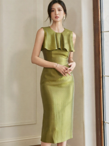 Roey s house | Olive Green Fitted Summer Dress for Women Elegant Flared Hem Glitter Silk Mid-Length