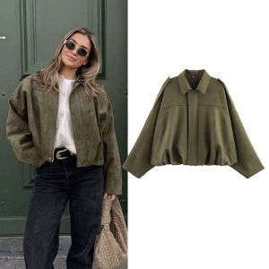 Womens Bomber Jackets Coats Fashion Turn-down Collar Long Sleeve Loose Coats Vintage Female Outerwear Chic Tops