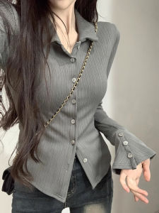 Grey Slim Fit Polo Neck Base Shirt Womens Spring Autumn New Style High Fashion Sensation Sweet And Spicy Style Top