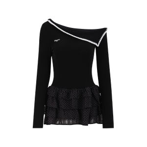 Weekend hub | Elegant Shoulder Slash Dotted Dress Waist-defining
