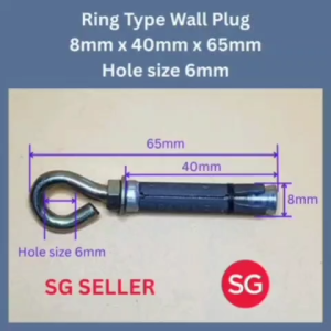 SG SELLER. 4 pcs Ring Type Wall Plug 8mm x 40mm. Total length 65mm. Suitable for brick & concrete