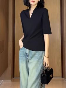 Summer Short Sleeve T-Shirt Womens Casual Versatile Loose Slimming Fashionable Korean Style Online Exclusive Pure Color Top