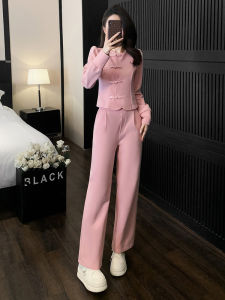 Pink Fashionable Wide Leg Pants Set with Button Detail Womens Two Piece Suit Autumn Collection Age Defying Casual Wear