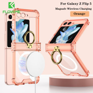 FLOVEME With Hinge Protection Ring Bracket Stand Clear Phone Case For Samsung Galaxy Z Flip 6 Z Flip 5 Flip 4 5G Magsafe Wireless Charging Four Corner Anti-fall Soft TPU Shockproof Back Cover For Galaxy Z Flip6 Z Flip 5 Flip 4