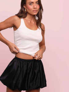 American Ballet Style Short A-Line Pleated Satin Half Skirt Fluffy Flower Bud Pumpkin Skirt Glossy Texture Mini Length Skirt