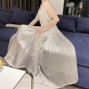 Váy Chữ a Cạp Cao Bằng Vải Lụa Lụa Mềm Mại Cho Nữ Mùa Hè Dài Vừa Phải Đa Năng Váy Midi Xếp Ly Dài Xuân Thu