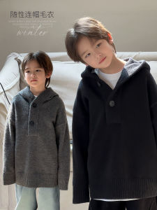 Stylish Hooded Knitwear for Boys Medium to Large Childrens Fashionable Winter Sweater Korean Style All-Season Long Sleeve