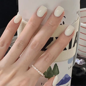 24Pcs Simple and Durable Cream Color Wearable False Nails Art Solid Color Fake Nails Set Short Section Square Press on Nail Tips