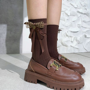 Socks Maillard Brown Autumn and Winter Retro Brown Bows Sweet Purified Cotton Long Tube Calf Socks