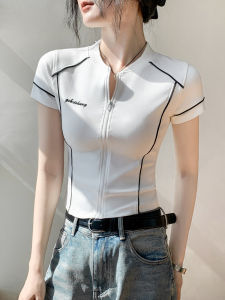 GEBEISHANG | Embroidered Round Neck Zip Cardigan Short Sleeve T-shirt Straight Shoulder Design Fitted Slimming