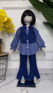 Stelan jins anak perempuan import korean style celana cutbray usia 3 - 12 tahun stripe salur mix rompi jins set anak tangung style anak korea model kekinian setelan jumbo anak perempuan termurah set crop top - COD