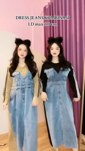 MIDI DRESS JEANS KOMBINASI KAOS PREMIUM BESTSELLER / GAMIS KEKINIAN / DRESS JEANS LENGAN PANJANG VIRAL