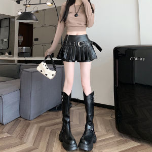 Black PU Leather Mini Skirt High Waist A-Line Anti-Light Slimming Pleated Womens Autumn Winter Fashion Commute Style Belted