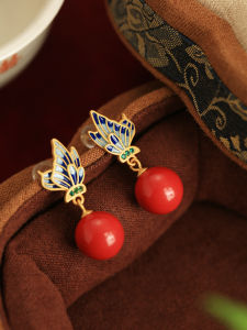 Elegant Red Butterfly Natural Cinnabar Pure Silver Earrings Womens Fashion Retro Court Style Jewelry Dangle Studs Accessories