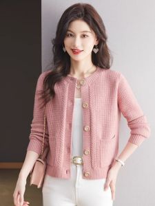 Spring Autumn Short Pure Color Cashmere Womens round Neck Knitted Open Cardigan Long Sleeve Loose Sweater Jacket Versatile