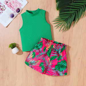 Girls Summer Fashion Set Green Sleeveless High Collar Top + Pink Print Shorts Tropical Style Childrens Two-Piece Outfit