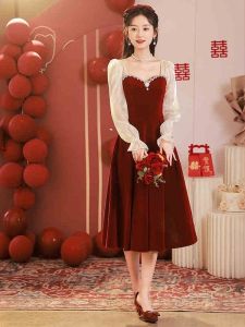 Elegant Mid-Length Wedding Dress Long Sleeve Bridesmaid Dress Chinese Cheongsam Style Zipper Design for Engagement Party Daily Wear