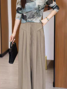 High Waist Drapey Ice Silk Wide Leg Pants Womens Summer Casual Thin Long Loose Fit Trousers Elegant Commute Style Polyester Fiber