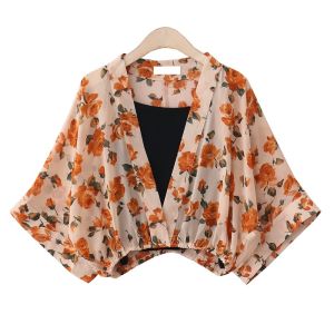 Summer New Retro Japanese Style Floral Print Short Length Chiffon Top Two Piece Set Fresh And Light Weight Polyester Cotton Blend