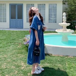 Loose Bf Style Korean Jeans Dress Women Summer New Belly Covering Slimming Casual Long Dress Commute Patchwork Loose Waist