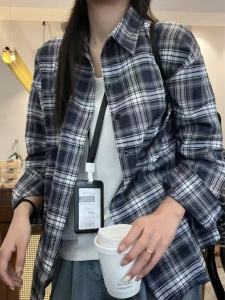 Hong Kong Style Loose Long Sleeve Plaid Shirt Womens Layering Spring Autumn Loose Meat Conceal Slimming Shirt Outerwear Top