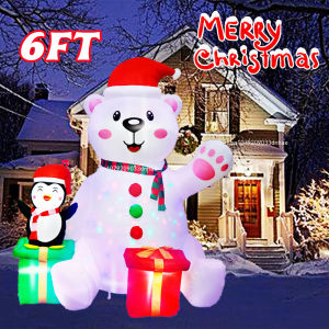 6FT Christmas Inflatable Polar Bears & Penguins Yard DecorationsBuilt-in Color LED Lights For Indoor Outdoor Square Lawn