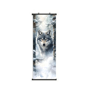 VIKAMA Gray Wolf in Snowy Forest 3 Piece Wall Scroll Tapestry Set Watercolor Wildlife Poster Wall Decor for Living Room Bedroom