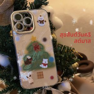 การ์ตูนคริสต์มาสเคสโทรศัพท์พร้อมฟิล์มเลนส์สําหรับiPhone 16e 15 14 13 12 11 Pro Maxความงามเลเซอร์กันกระแทก